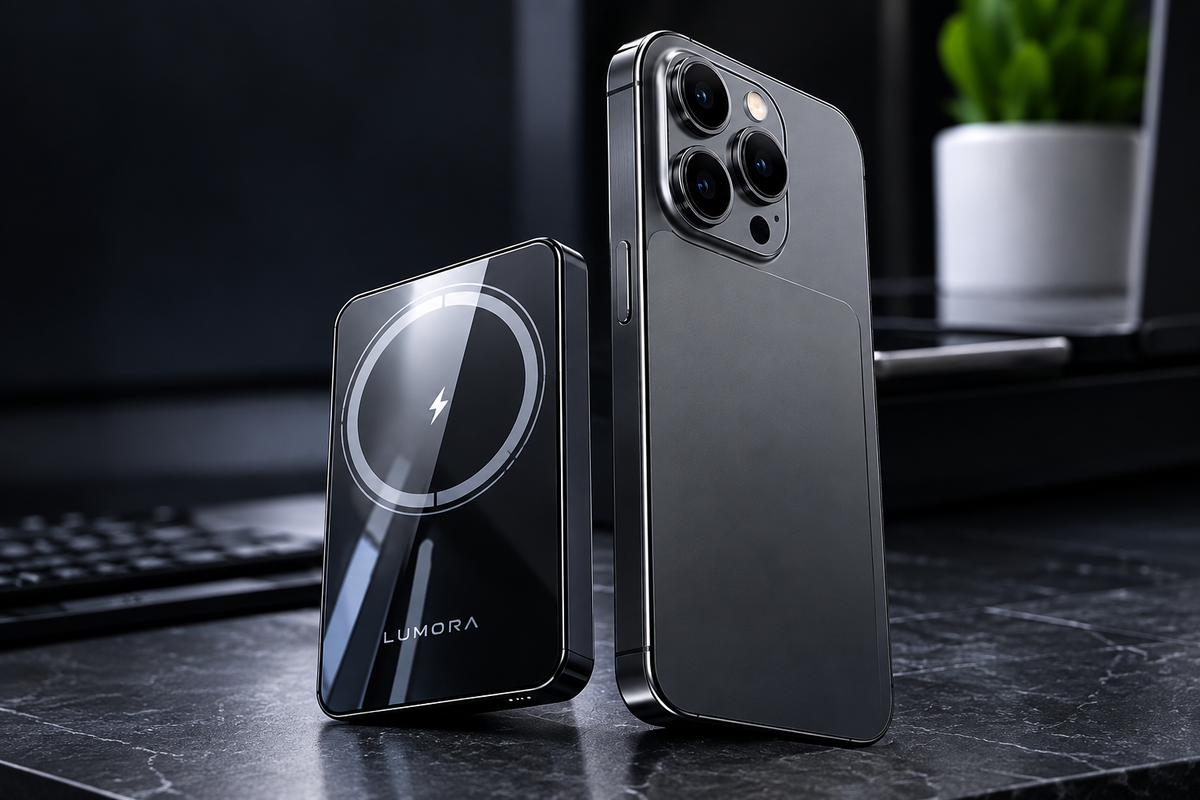 A black Lumora wireless charger standing upright on a dark marble desk next to a smartphone, with a blurred office background.